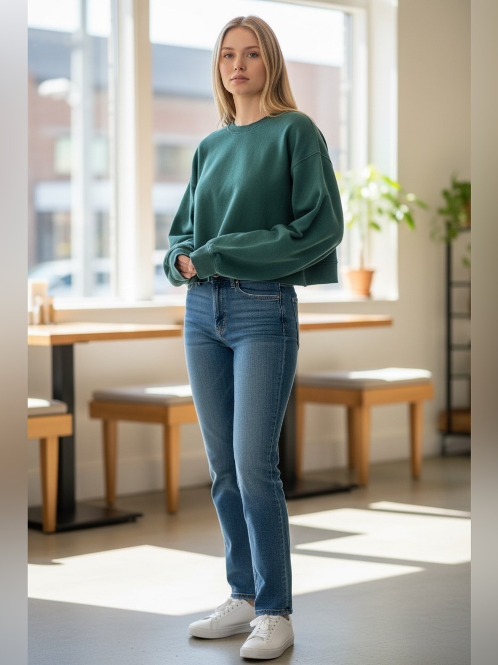 Zara Womens Small Green Cropped Sweatshirt Crewneck Oversized Sleeve Pullover